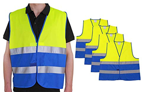 4business 4 Stück Warnweste gelb blau EN ISO 20471 für Erwachsene Größen S - 3XL Polyester waschbar Sicherheitsweste Signalweste 4er Set (L/XL)