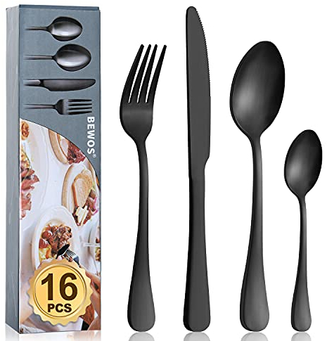 Cutlery Set, BEWOS 16 Piece Matt Black Stainless Steel Flatware Set, Silverware Tableware Set with Spoon Knife and Fork Set, Service for 4, Easy Clean/Dishwasher Safe