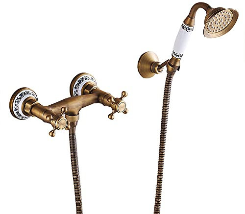 Grifo De Bañera Con Alcachofa De Mano, Latón Montaje En Pared Grifo Ducha Con Dos Asas, Mezclador Baño Y Ducha Incluye Manguera De Ducha De 1,5 M Y Soporte, Negro, Diseño Vintage