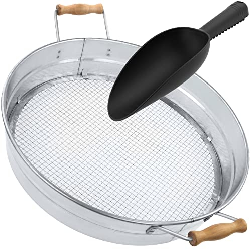 IDSWorld Setaccio da giardino zincato, per compost e terriccio, rotondo, con manici in legno a rete resistente, con paletta da giardinaggio in plastica
