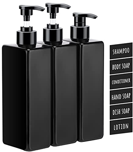 Segbeauty Bouteilles de Shampoing, Lot de 3 Bouteilles à Pompe Vides de 500 ML, Distributeur de Savon en Plastique Rechargeable avec étiquettes Autocollantes étanches pour Cuisine Salle de Bain, Noir