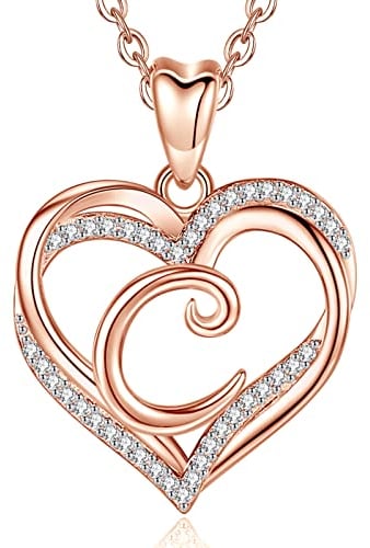 INFUSEU C Initiale Halskette, Doppelherz und Rosegold Anhänger A-Z Buchstaben Schmuck Cubic Zirkonia Geburtstags Geschenke für Frauen Frau Mutter, 20 Zoll Kette
