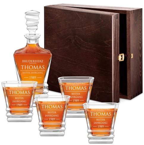 Maverton Geometric Whiskey Karaffe + 4 Whiskygläser Set mit Gravur | Whisky Dekanter aus Kristallglas, Whiskey Dekanter Set für Männer zum Geburtstag, zum Vatertag, Bruderherz