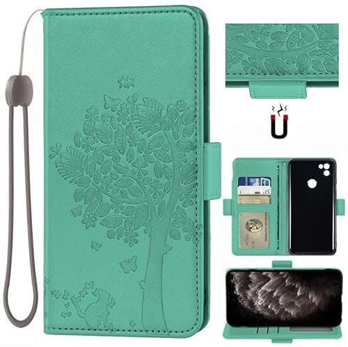 Auotu PU Leder Flip Brieftasche mit Baum Pattern Handyhülle Lederhülle Cover Tasche Case Hülle Etui für Gigaset GS5 / Gigaset GS5 Lite / GS5 Senior / GS5 Pro Smartphone (Grün)