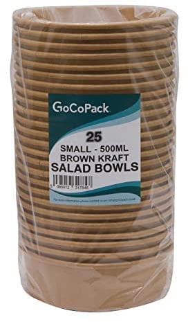 Ensaladeras Kraft: paquete de 25 ensaladeras de papel marrón Kraft,perfecto para alimentos calientes y para ensaladas,disponible en una gama de tamaños y con opción de comprar tapas (pequeño,500 ml)