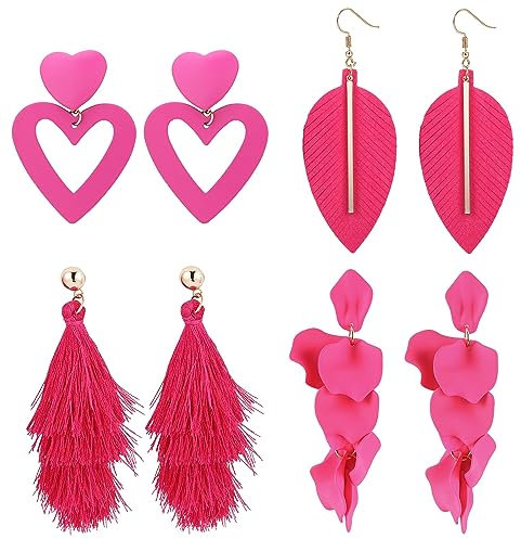 JeryWe 4 Paires de boucles d'oreilles à clip rose vif pour femmes Boucles d'oreilles géométriques à feuilles en forme de coeur Longues boucles d'oreilles à houppes