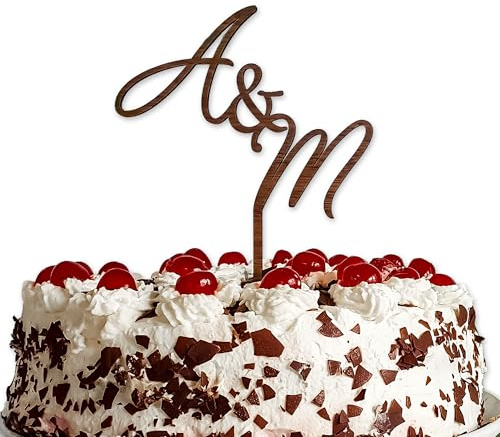 Suzu Papers Hochzeitstorte Deko mit Anfangsbuchstaben - Tortentopper Hochzeitstorte Initialen als Brautpaar Figuren Torte aus Holz (Walnuß)