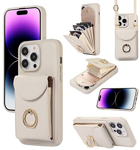 XMTON Crossbody Wallet Case for iPhone 15 Pro Max with Card Holder, 360° Rotation Ring Kickstand, Leather Purse Cover for iPhone 15 Pro Max, White