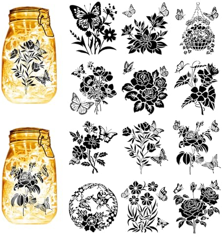 CREATCABIN 12 Stück Schmetterlings-Silhouetten,Einmachglas-Dekoration,Blumen,Laterne,Laserausschnitte,Ornamente,Sammelalbum,Verzierung Für DIY,Kunsthandwerk,Weihnachten,Schwarz,10x9cm(Kein Aufkleber)