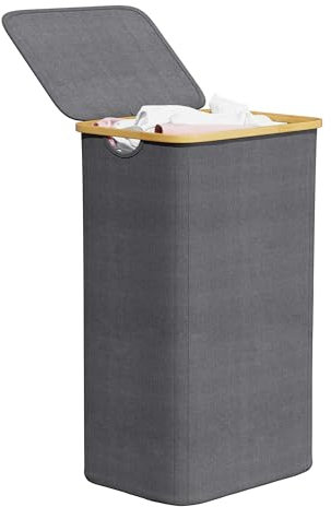 SpaceAid Laundry Hamper with Lid, 110L Large Tall Clothes Basket Bin with Bamboo Handles, Collapsible Laundry Hamper for Bedroom, Bathroom, Dorm, Laundry Room - Grey