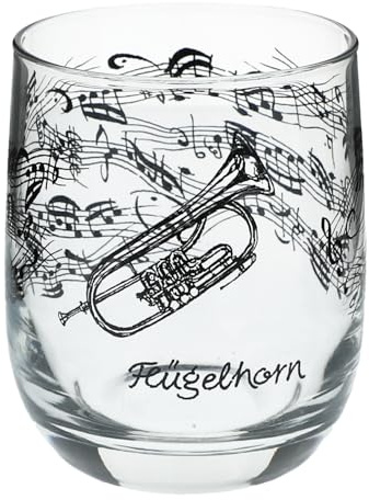 Musikboutique Glas mit Instrumenten und musikalischen Motiven, schwarzer Druck (Flügelhorn), 200 ml