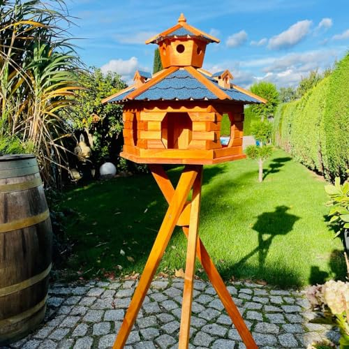 DARLUX handgefertigtes Sechseck Vogelhaus aus Holz wetterfest M - XXL mit und ohne Ständer, Futterhaus, Futterhäuschen (Größe XXL mit Ständer, Blau - Braun)