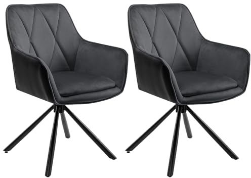 Lestarain Esszimmerstühle drehbar 2er Set, für Schlafzimmer Küche Wohnzimmer, Küchenstühle gepolstert mit Armlehnen Rückenlehne, Metallbeinen, Samt, Kunstleder, Dunkelgrau+Schwarz