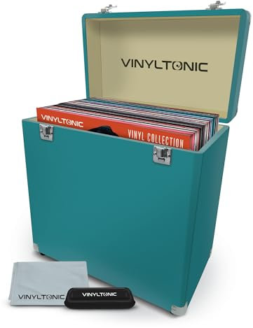 Vinyl Tonic 12 Vinyl LP Storage Case | PU Leather | Fully Lined Interior | Reinforced Steel Corners | Cleaning Kit Included (Turquoise)