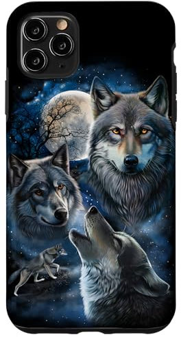 iPhone 11 Pro Max Grey Wolf Under Full Moon, Space, Galaxy, and Stars Case