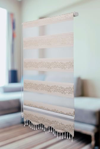 PlisseeOnline Doppelrollo Klemmfix ohne Bohren Gold Silber mit Muster und Perlen Duo Rollo für Fenster und Türen Plissee Rollo Gardine 110 x 150 cm Blickdicht Klemmrollo mit Perlen Seitenzugrollo