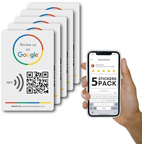 Google Review Aufkleber - QR & Tap NFC - 5er-Pack - Wiederverwendbarer QR-Code und NFC Review Sticker - iPhone & Android - Boosten Sie Business Reviews - Einrichtung zu Hause