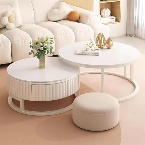 Eiauiuo Couchtisch Runde Weiß Couchtisch 2er Set mit Stauraum Modern Holz Beistelltisch Wohnzimmertisch Metallrahmen Minimalismus Sofatisch Schlafzimmer Büro dekorative Möbel ∅70+50cm, 202403-28
