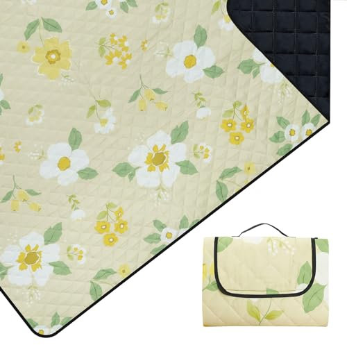 Outplea Kinder Picknickdecke Wasserdicht Faltbar, 200x200cm Tragbare Strandmatte Maschine Waschbar, Große Outdoor Decke für Camping Reisen Wandern, gelbe Blume