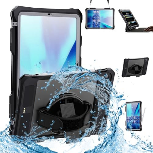 Yohryi Custodia impermeabile per iPad Pro 11 pollici (2024, M4), custodia subacquea IP68 completamente sigillata con protezione per lo schermo, supporto, maniglia, cordino e portamatite,Black