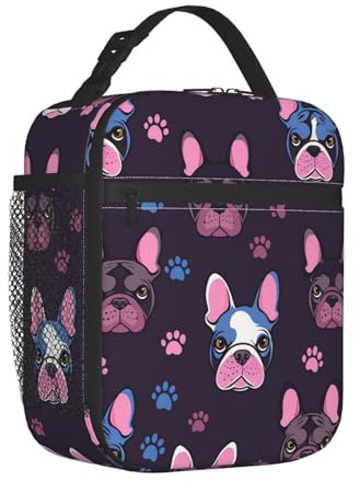 Mexpekil Bolsa de almuerzo térmica con diseño de bulldog francés para mujeres y hombres, lonchera térmica portátil con bolsillo lateral de malla para adultos, lonchera para el trabajo