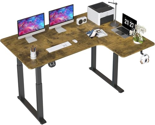 Dripex höhenverstellbarer Schreibtisch elektrisch 160cm, L-förmiger Schreibtisch mit Dual Motor, Eckschreibtisch Stehpult Standing Desk mit 4 Beinen, Spleißbrett, Gelb-braun