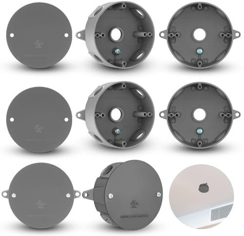 Juexica 4 Set 4'' Round Electrical Box with 4'' Blank Flat Metal Plate Cover Weatherproof 5 Hole 1/2 Inch Outdoor Outlet Junction Box for Ceiling Mount Lighting Systems Exterior, Gray