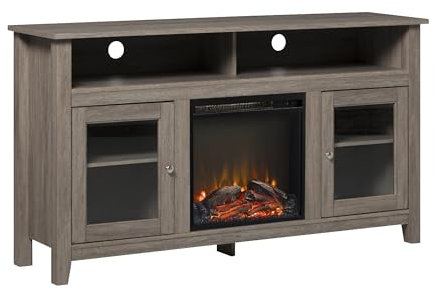 RAABYU Mobile TV Alto con Camino in Vetro Classico per TV Fino a 65 - Driftwood