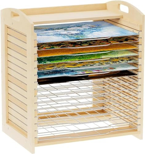ybaymy Estante de secado artístico con 15 compartimentos extraíbles, estante de secado de imágenes para aulas, estante de secado de imágenes para papel A3, madera de pino y hierro para obras de arte