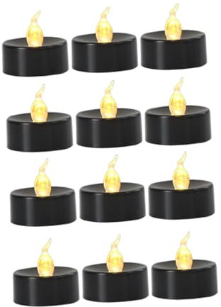 Milageto 12 Stück Schwarze flammenlose Teelichter, Votivkerzen, Lampe, elektrische LED-Teelichter, Kerzen für Themenpartys, Warmweißer Blitz
