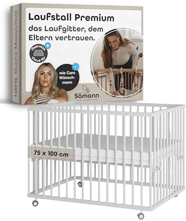 Sämann Baby Laufstall aus Holz I Baby Laufgitter 75x100 cm Weiß I Inkl. Matratze Cloud Air I Robuster & höhenverstellbarer Laufstall aus Buchenholz I Mit gummierten Rollen & TÜV geprüft