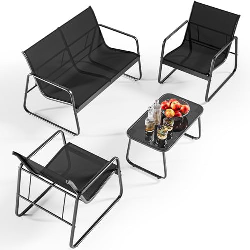 Bealife Gartenmöbel-Set, 4-teilig, aus Metall und Textilene, mit 3 Sesseln und 1 Glastisch, Terrassenmöbel für alle Jahreszeiten, Terrasse, Garten und Außenbereich (schwarz)