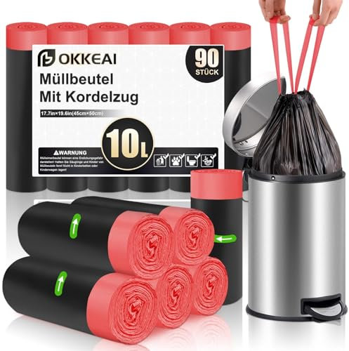 OKKEAI Lot de 90 petits sacs poubelle de 10 l, avec cordon de serrage, noirs, pour salle de bain