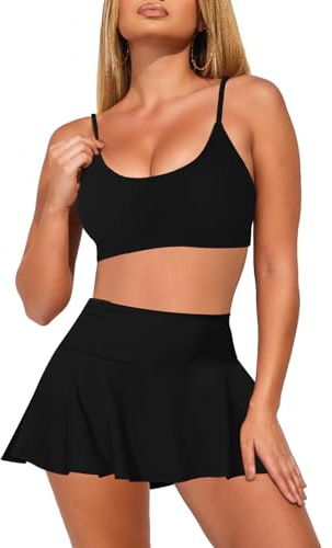 Pink Queen Damen 2-Teilig Bikini Set U-Ausschnitt Spaghetti Straps Hohe Taille Swim Rock Strand Badeanzug Schwarz S