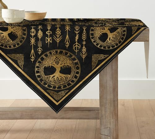 Artoid Mode Gold Wikinger Futhark Runen Odin Baum des Lebens Tischwäsche, Saisonnal Küche Tisch Dekoration Drinnen Urlaub Party Dekor 100x100 cm