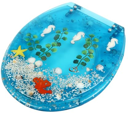 Transparenter WC-Sitz aus Kunstharz, Absenkautomatik, mit 2 Scharnieren, leiser Deckel mit langsamem Schließen, transparent, blau, Ozean, tropische Fische, Designs für die meisten niedrig