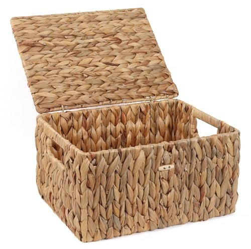 FEIALNDUO Wicker Shelf Baskets with Lid, Seagrass Storage Hamper Basket Bins Rectangular Box for Home Desktop Organizer (Natural, Large)