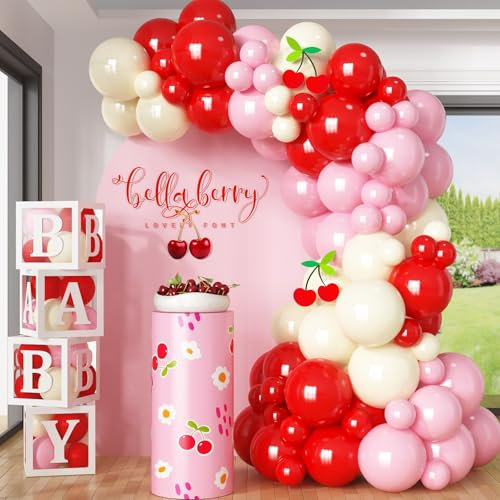 HILAVO Kit per arco di palloncini rosa e rosso, ghirlanda di palloncini di ciliegia, 91 pezzi, rosso rosa pastello giallo pastello palloncino per ragazze Sweet One Berry primo compleanno fragola baby