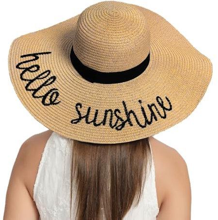 TOEECY Chapeau Paille Large Bord Message Brodé Protection UV Capeline Été Plage Vacances Ruban Noir