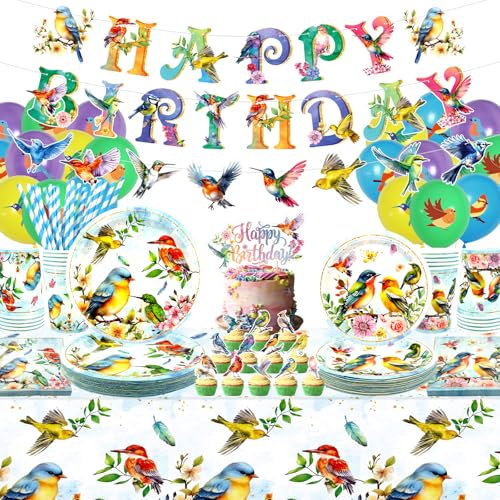 Vogel Partygeschirr, beinhaltet Happy Birthday Banner, Teller, Tischdecke, Tassen, Ballon und Strohhalme, für Vogel Thema Baby Dusche Sommer Tee Party Dekorationen