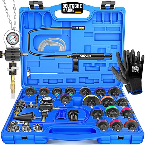 MASKO® Testeur et presseur de système de refroidissement | Testeur de pression du radiateur Appareil de ventilation 28 pièces avec adaptateur de radiateur universel, pompe à vide et accessoires | Kit