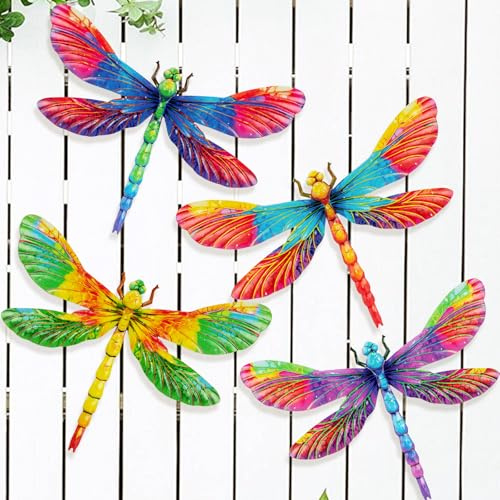 Velibobo 4Pcs Dragonfly Wall Art Garden Ornaments, Metal Hanging Dragonfly Outdoor Wall Decortions for Fence Garden Yard Shed Walls Kitchen Art Decor