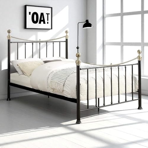OAT Home Hampstead Victorian Metal Bed Frame in Black or White - Polished Brass Effect Details Single/Small/Double/King Size (Black, King (U.K. Standard))