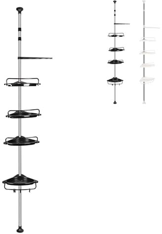 XUANYU 2 en 1 Étagère de Douche Télescopique et Porte-Serviette, Étagère de Douche Hauteur Réglable en 105 à 310 cm, Etagère d'Angle avec 4 Paniers et Crochets (Noir)