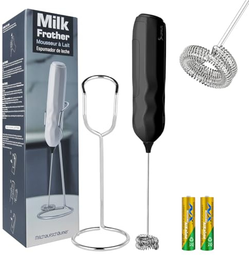 SUPRUS Ultra Schnelle Handheld Milch Schaumer Doppel Whisk mit Stand 2 Batterien Edelstahl für Lattes Cappuccino Matcha Heiße Schokolade Kaffeebar Zubehör Küche Gadgets Geschenk