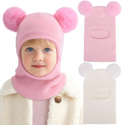 DRESHOW Kinder Wintermütze Warme Schal Schlupfmütze Strickmütze Kapuze Weiche Schalmütze mit Doppelt Bommel Pom Pom Beanie Mütze für Kleinkinder Jungen Mädchen 1-6 Jahre