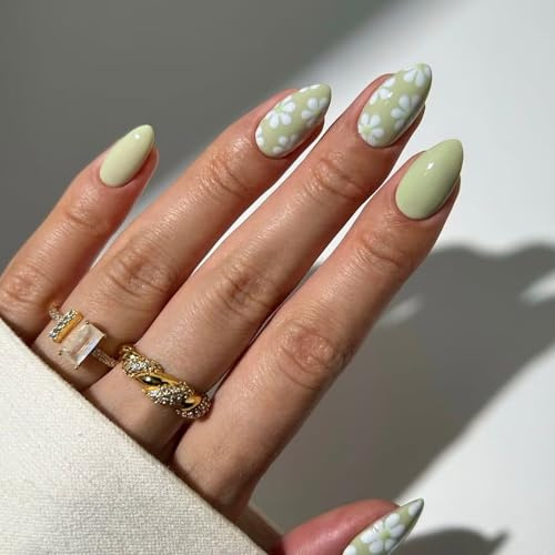 24Pcs White Flower Light Green Press On Nails, Wsimily Short Fake Nails with Floral Design Reusable Almond False Nails Nail Art Accessories Artificial Nails for Women Girls DIY Manicure