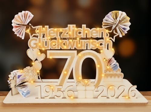 ARTREE 70 Geldgeschenke Geburtstag Frau Mann, Holz Schild Gästebuch mit LED Lichterkette, Personalisiertes Geschenke zum 70 Geburtstagszahlen, 70 Jahre Geburtstag Deko, Herzlichen Glückwunsch