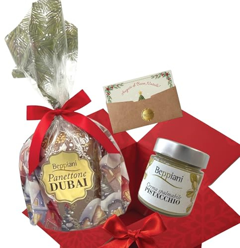 Panettone artigianale ricoperto di cioccolata Dubai, Cioccolato Beppiani, Pasta kataifi e pezzettoni di pistacchio, con barattolo di crema al pistacchio 250g Made in Italy, Biglietto Auguri incluso