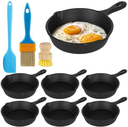 SWEWARM 6 Pcs Cast Iron Frying Pans Set, Includes Spatula, Oil Brush, and Scrub Brush, 4 Cast Iron Skillets, Mini Nonstick Frying Pans, Small Plate Egg Pans for Indoor Outdoor Kitchen